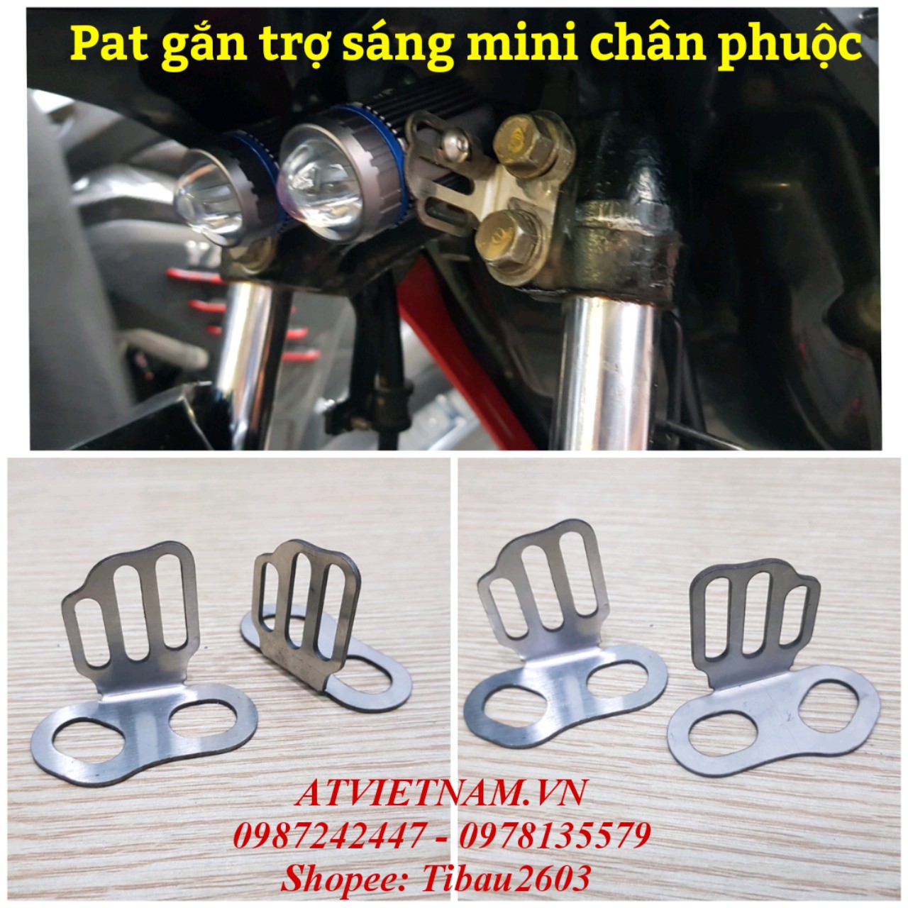 Cặp Pat inox gắn trợ sáng bi mini ngay ốc chân phuộc ( Pat 3 sọc )