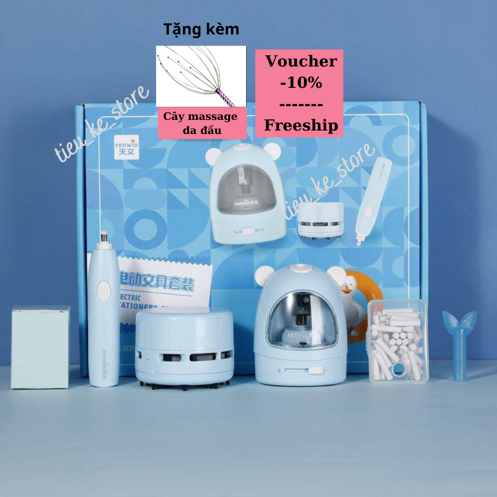 Combo gọt bút chì tự động, bút tẩy điện tử, máy hút bụi mini, gôm tẩy mềm,.. cao cấp, quà tặng trung thu cho bé