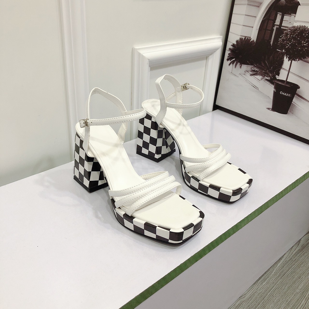 Sandal cao gót quai ngang bản nhì sọc caro hot trend 9 phân Xăng đan cao gót