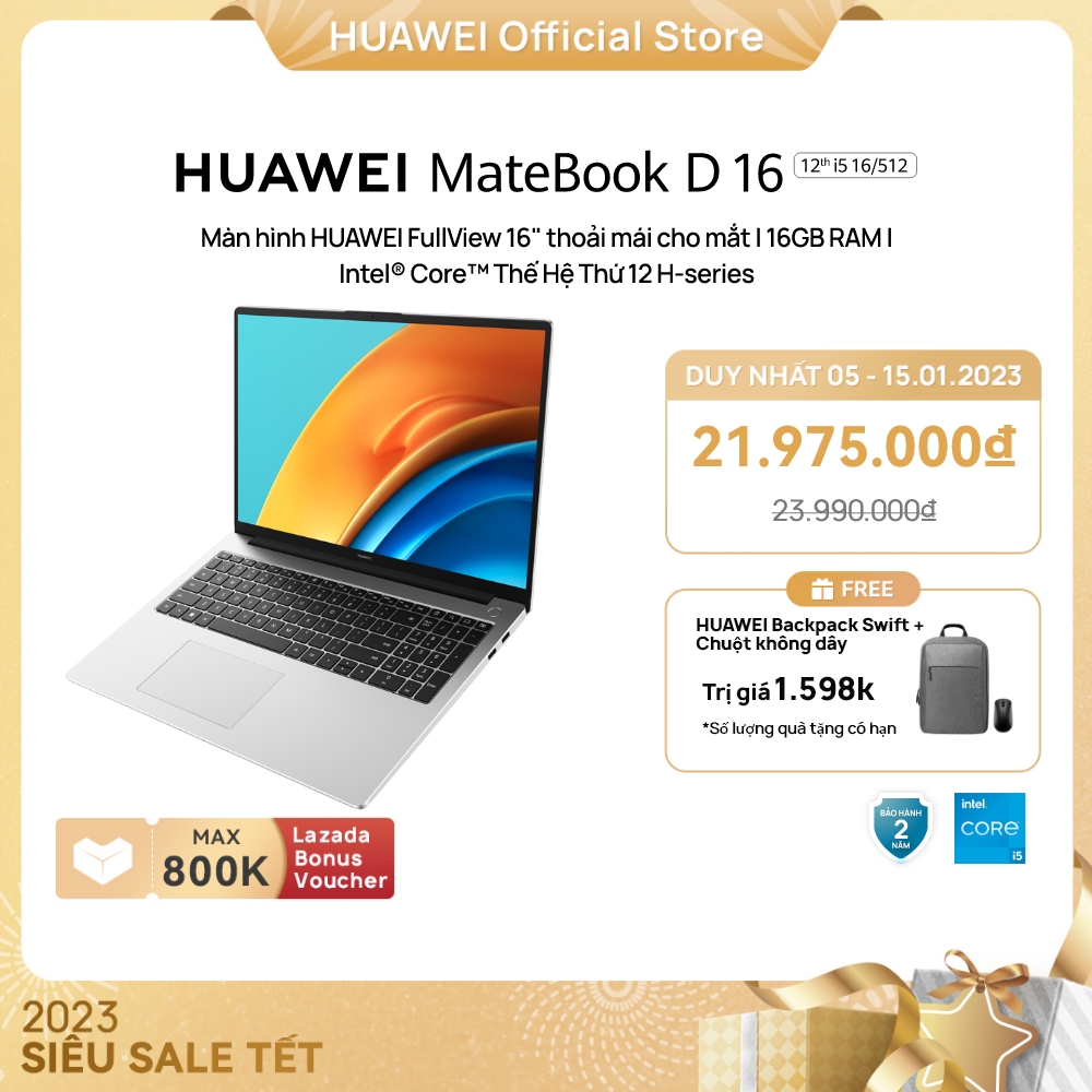 TRẢ GÓP 0%| Máy Tính Xách Tay HUAWEI MateBook D 16 (16GB/512GB) FullView 16" | Intel® Core™ i5 Thế Hệ Thứ 12 H-Series