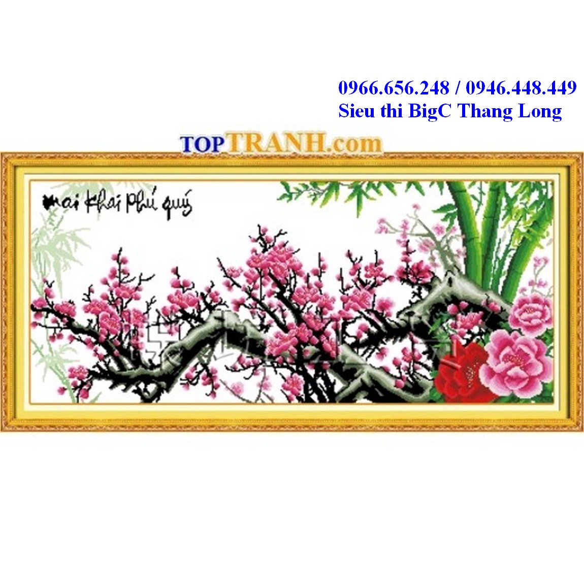 Tranh thêu chữ thập cành hoa đào mai khai phú quý 222396 chưa thêu