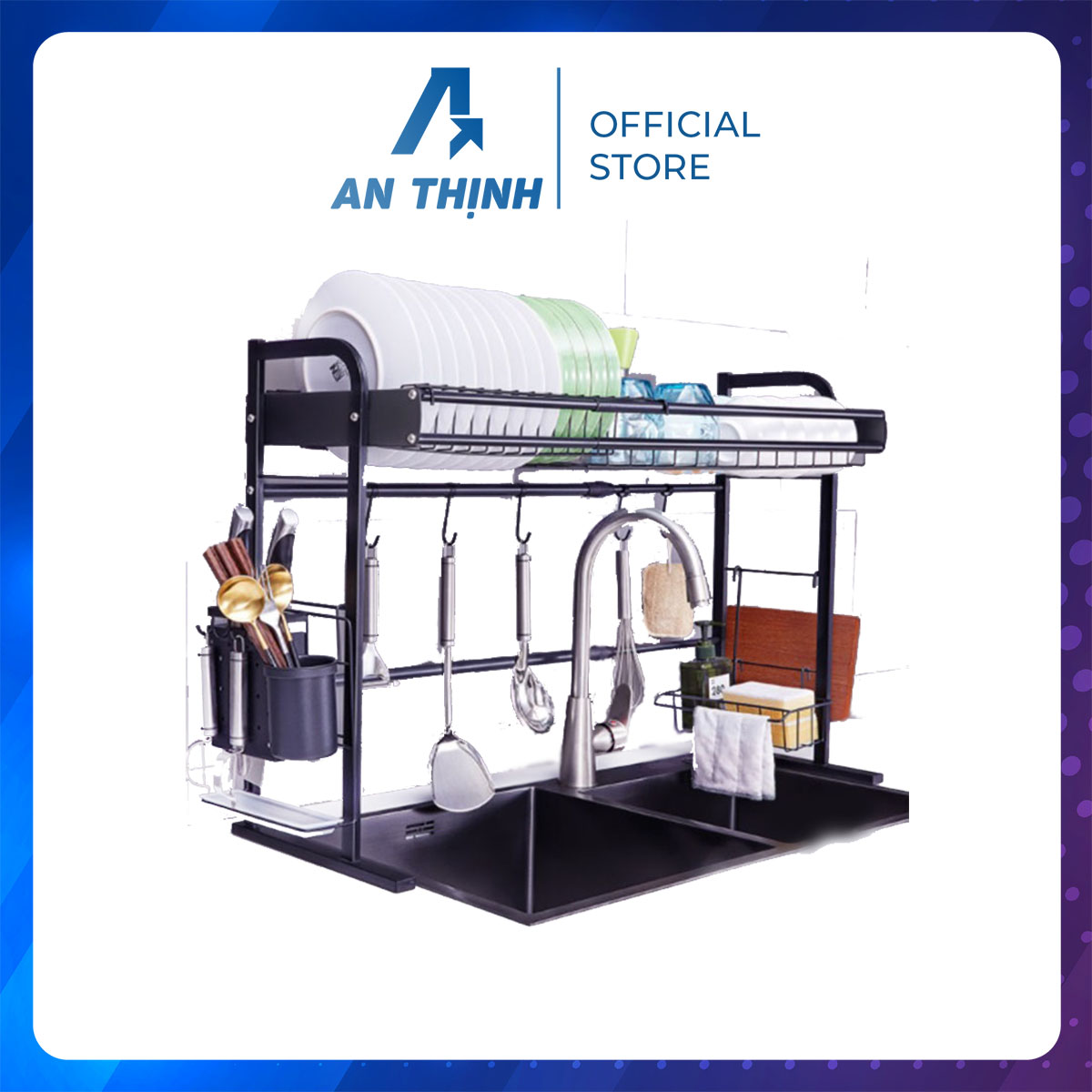 Kệ để chén bát đặt trên bồn rửa, kệ úp bát đĩa inox, điều chỉnh kích thước, kèm ống căm đũa giá để dao thớt nước rửa chén móc treo đồ đa năng