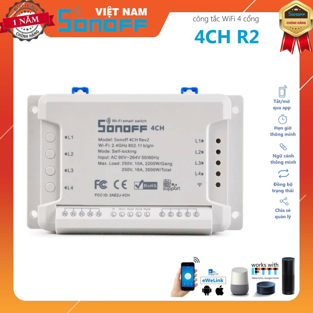 Công Tắc Thông Minh Sonoff 4CH R2 Điều Khiển Qua Wifi, 3G, 4G