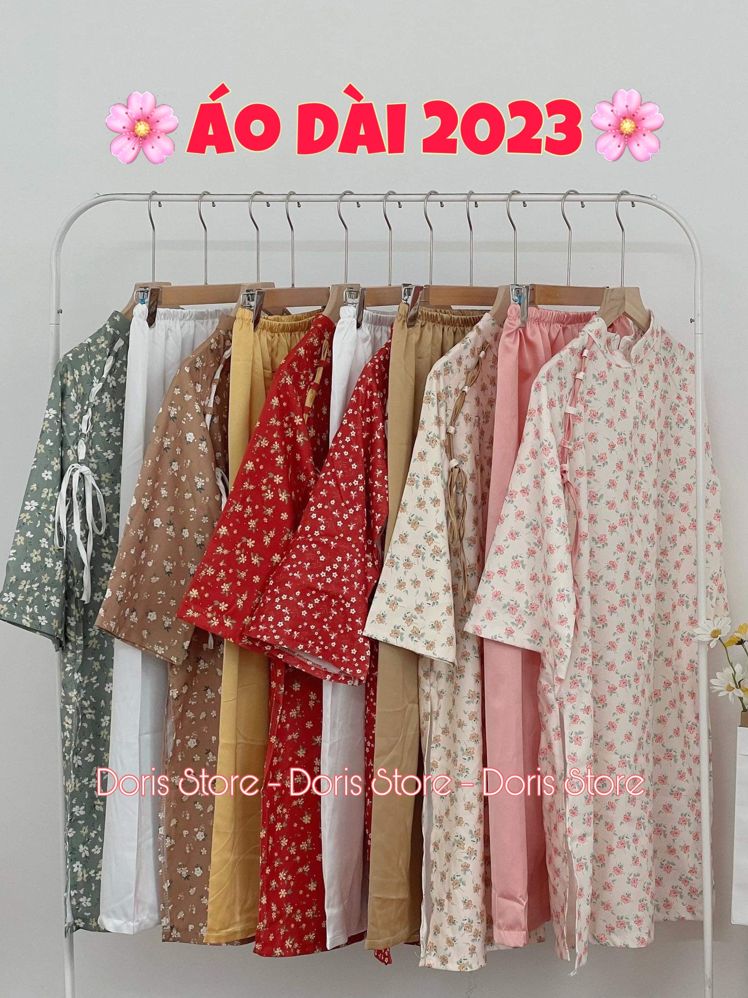Set áo dài cách tân hoa nhí tay lỡ dáng suông thắt nơ tết 2023