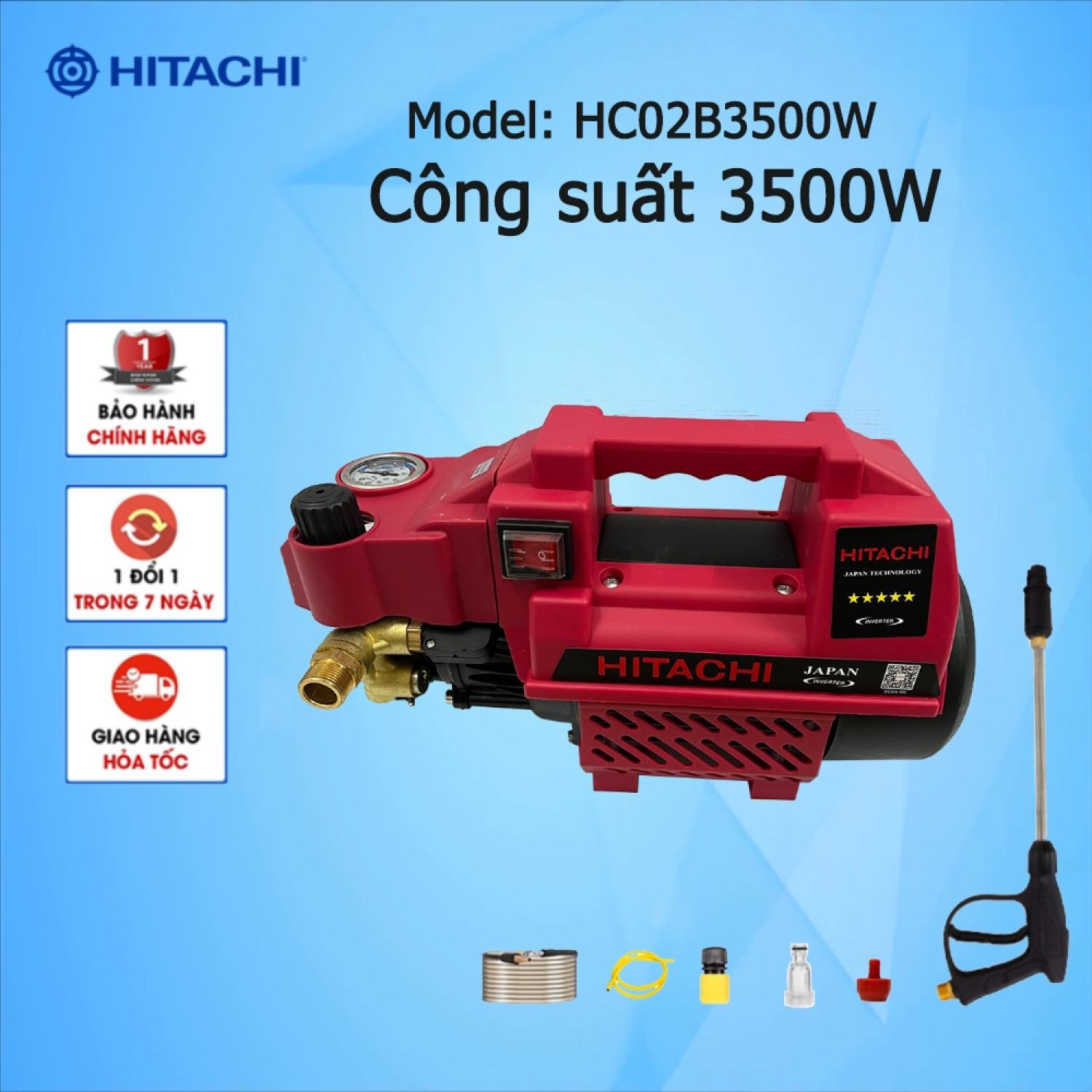 Máy rửa xe mini i máy rửa xe cao áp hitachi hc02 - 3500w | có áp chống giật - 100% lõi đồng