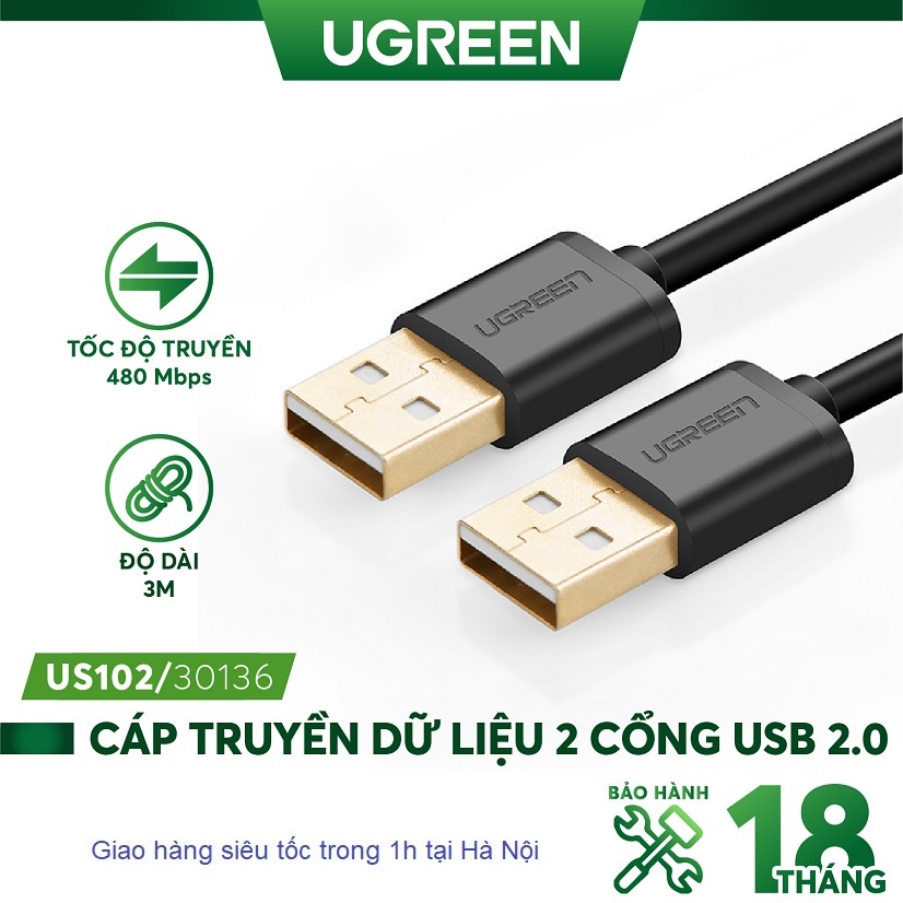 Dây USB 2.0 2 đầu đực ( dài từ 0.5m, 1m, 2m, 3m UGREEN US102 ) - Hàng