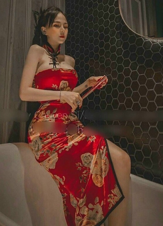 Đầm cổ tàu viền đính nút xẻ tà cao cấp có mút hai màu