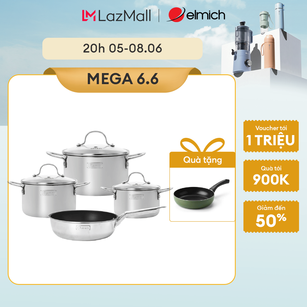 (MEGA 6.6)Bộ nồi inox nguyên khối Elmich Trimax classic EL-2136OL03 size 18, 20, 24 chảo 24cm