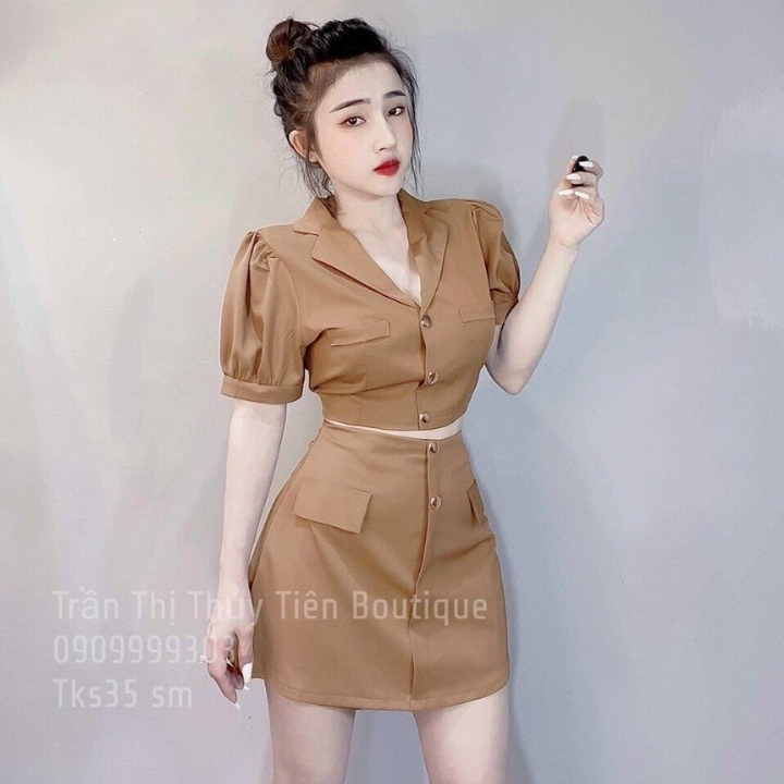 [freeship]set váy nữ gồm áo sơ mi cổ bẻ tay phồng và chân váy chữ A màu nâu chất liệu kate lụa mềm mịn thích hợp cho bạn nữ từ 55kg trở xuống - GIRLY STORE