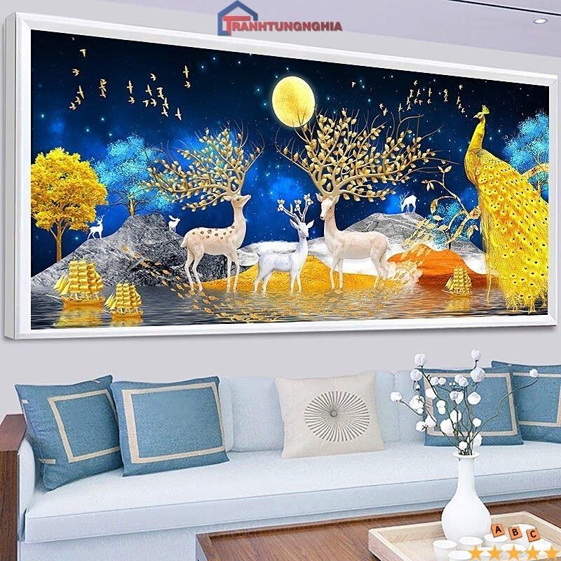Tranh đính đá, tranh thêu chữ thập phong cảnh hiện đại hươu nai tài lộc
