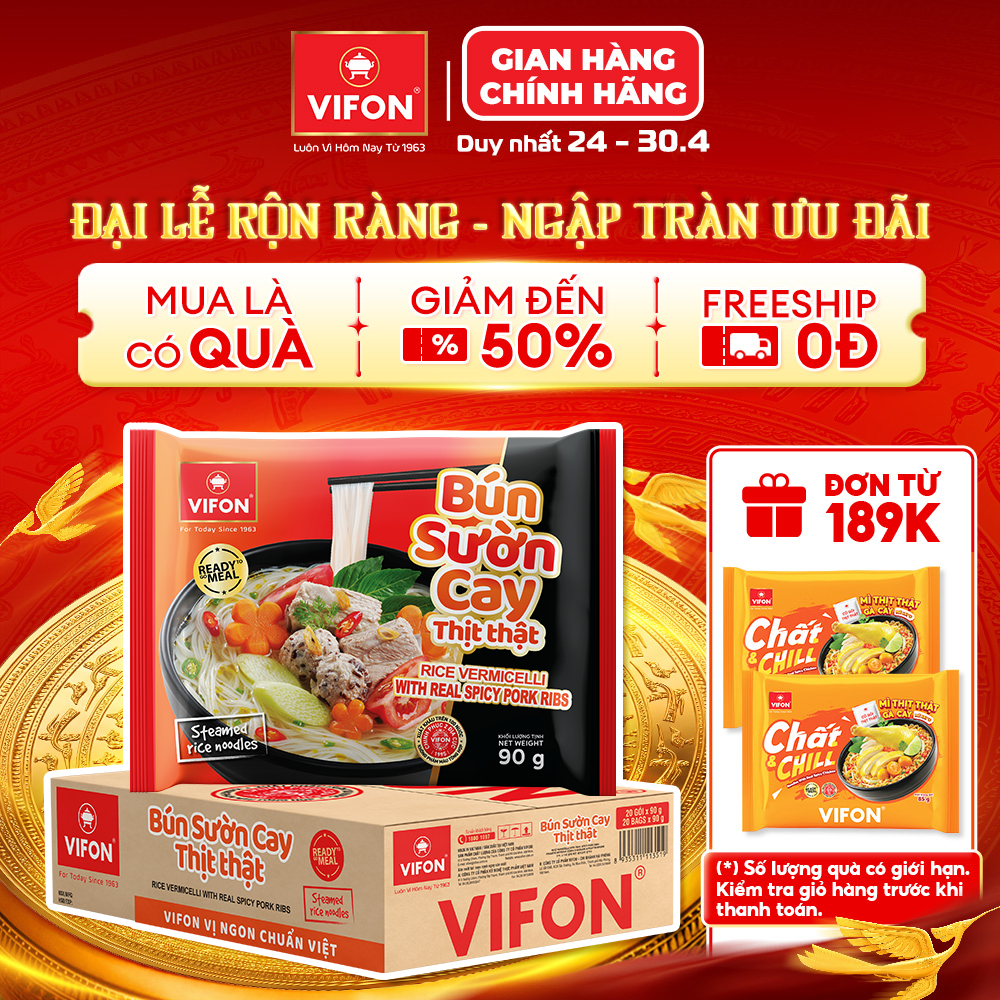[VOUCHER 15%] Thùng 20 Gói Bún Thịt Thật Bún Bò Huế/ Bún Sườn Cay VIFON 90gr/ Gói