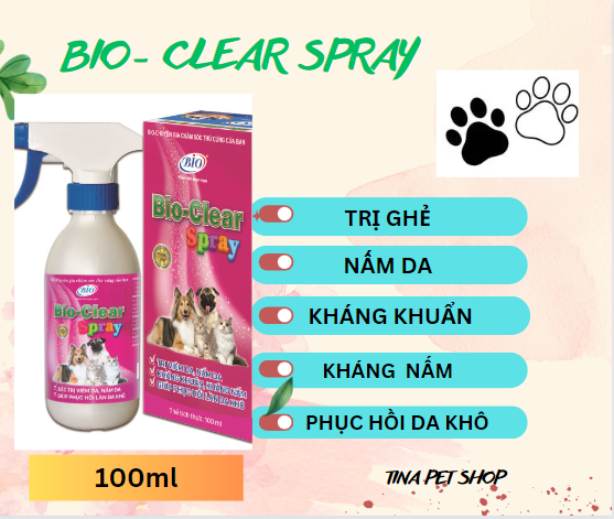 [HCM]BIO-CLEAR SPRAY CHAI 100ML. CHÓ MÈO VIÊM DA NẤM DA. XỊT VIÊM DA, NẤM DA CHÓ MÈO