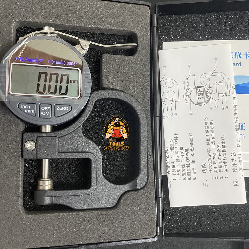 Thước đo độ dày 0-12.7mm - đồng hồ đo độ dày 0.01mm có hộp đựng kèm pin sơ cua