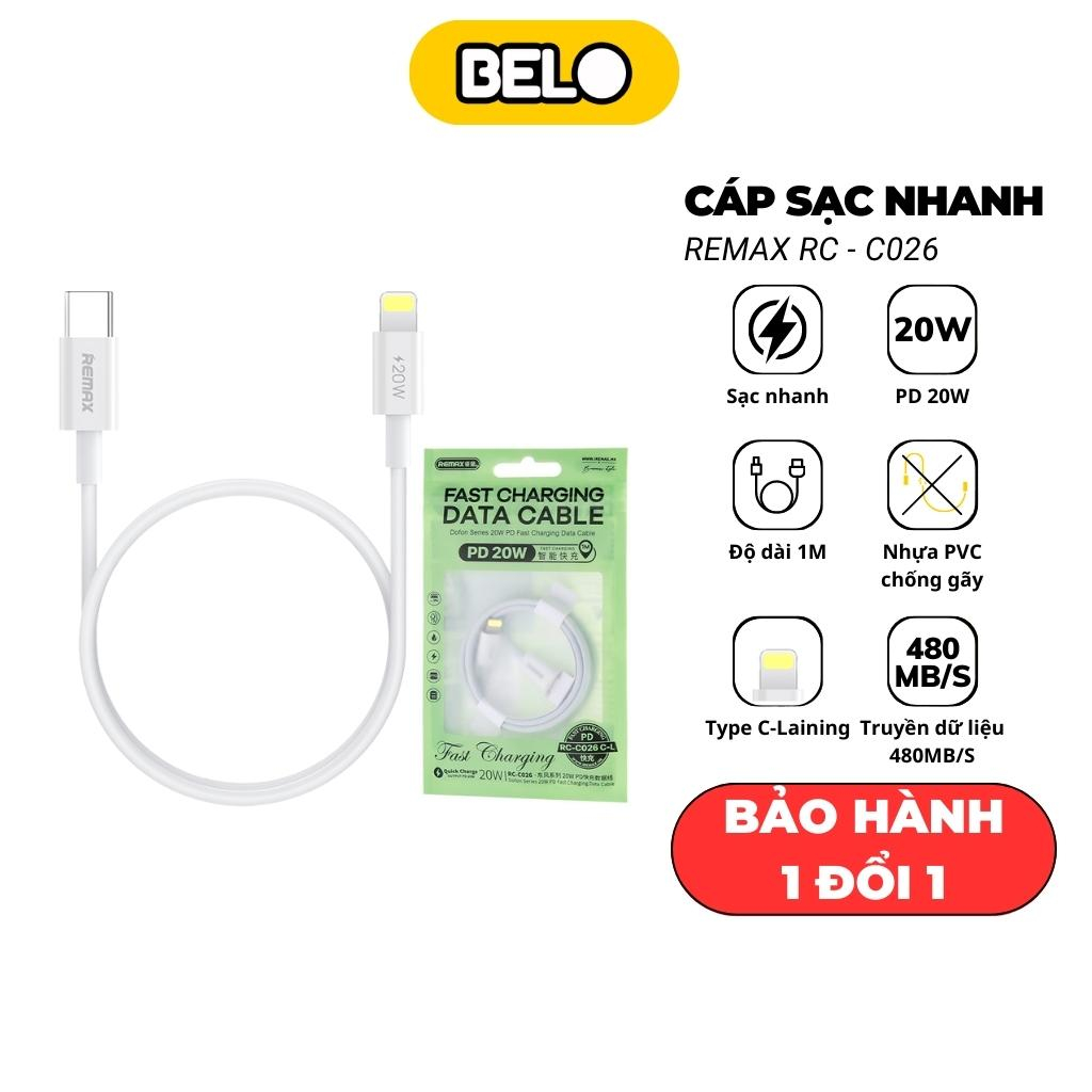 Dây sạc nhanh, cáp sạc nhanh Remax RC-C026 PD20W, sạc nhanh dài 1m đầu type c to laining – Belo
