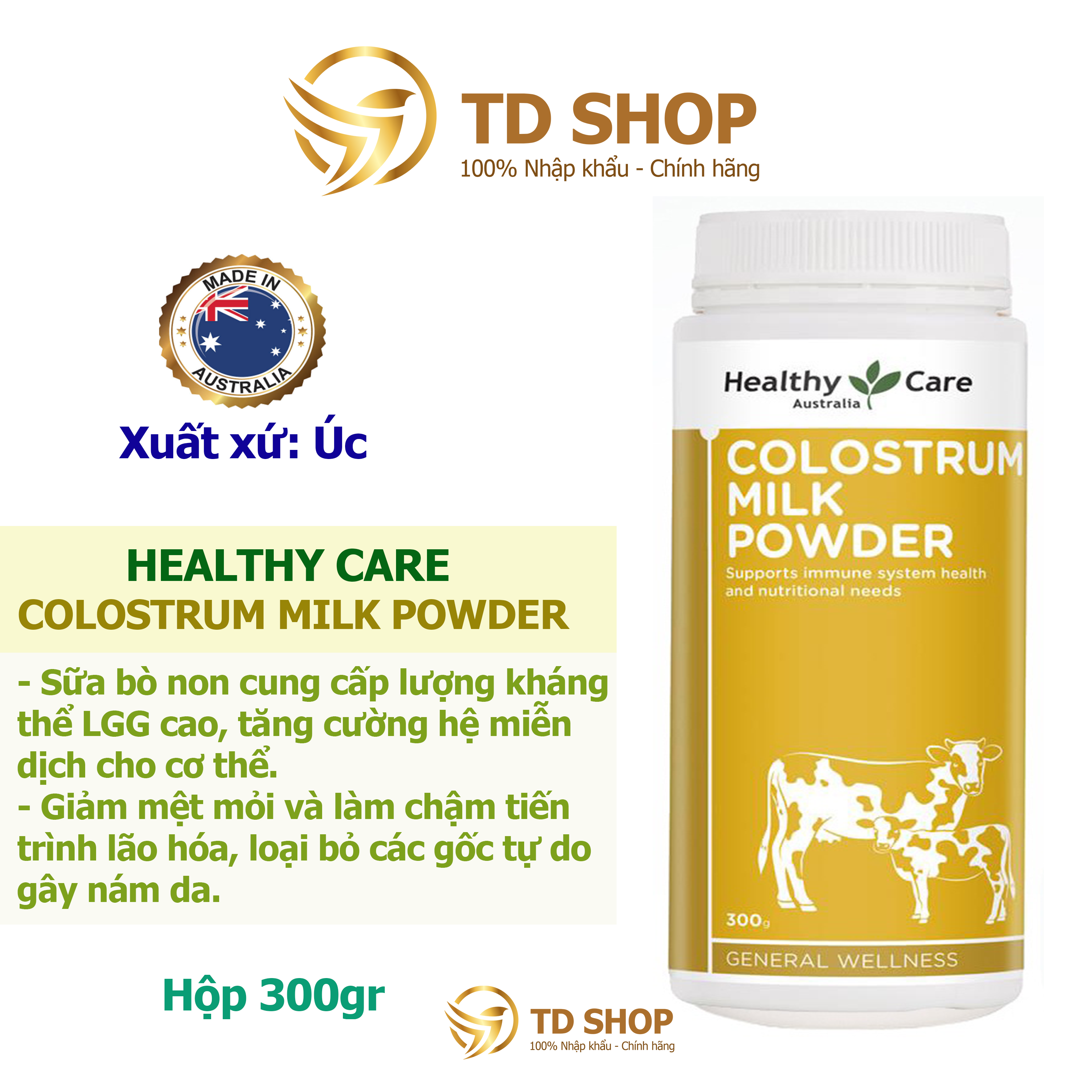 NK Úc Sữa bò non Healthy Care Colostrum Milk Powder 300g bổ sung dinh