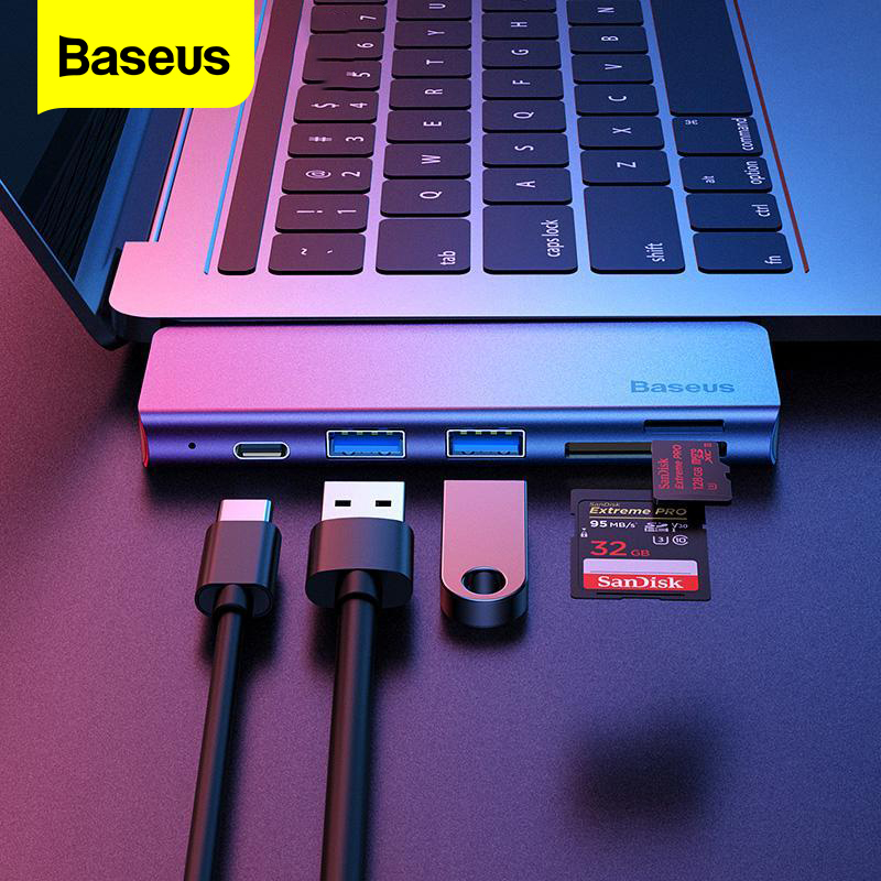 Baseus 5 trong 1 USB C HUB Type-c sang nhiều cổng USB 3.0 và Cổng truyền dữ liệu Thẻ nhớ SD TF cho Macbook Pro Air Huawei Xiaomi Samsung Phụ kiện máy tính xách tay với Bộ nguồn PD Type C