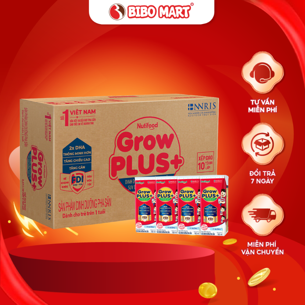 Thùng 48 Hộp Sữa GrowPLUS+ Đỏ Tăng Cân Hỗ Trợ Tiêu Hóa Tốt Tăng Cường Miễn Dịch Ít Đường 110ml 180ml - Bibo Mart