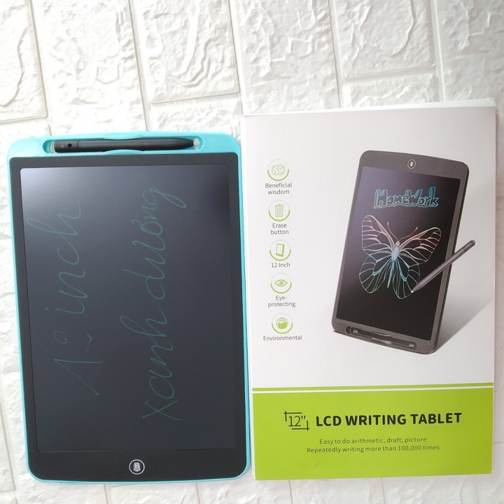 Bảng Viết, Bảng Vẽ Điện Tử Màn Hình LCD Đơn Sắc 12 Inch Tự Xóa Thông Minh Model 2021 Tặng Kèm Bút Cảm Ứng