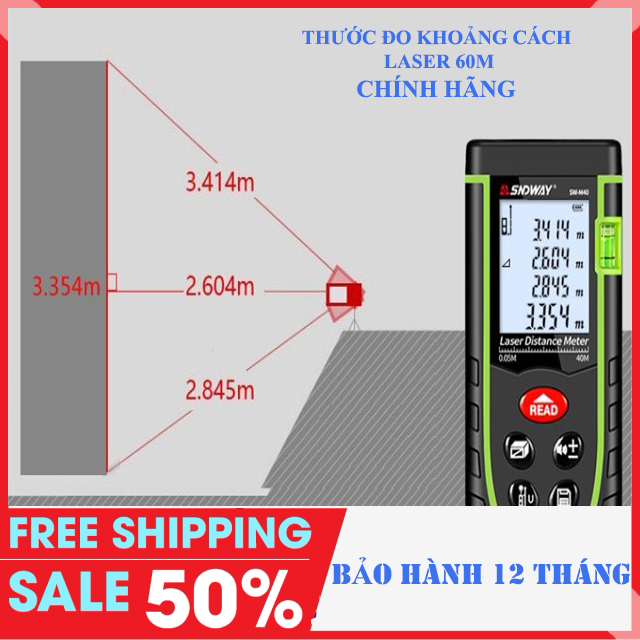 Thước đo khoảng cách, Thước đo khoảng cách bằng tia laser SNDWAY SW-M60, Thước đo khoảng cách 60m , đo chính xác, nhanh gọn.