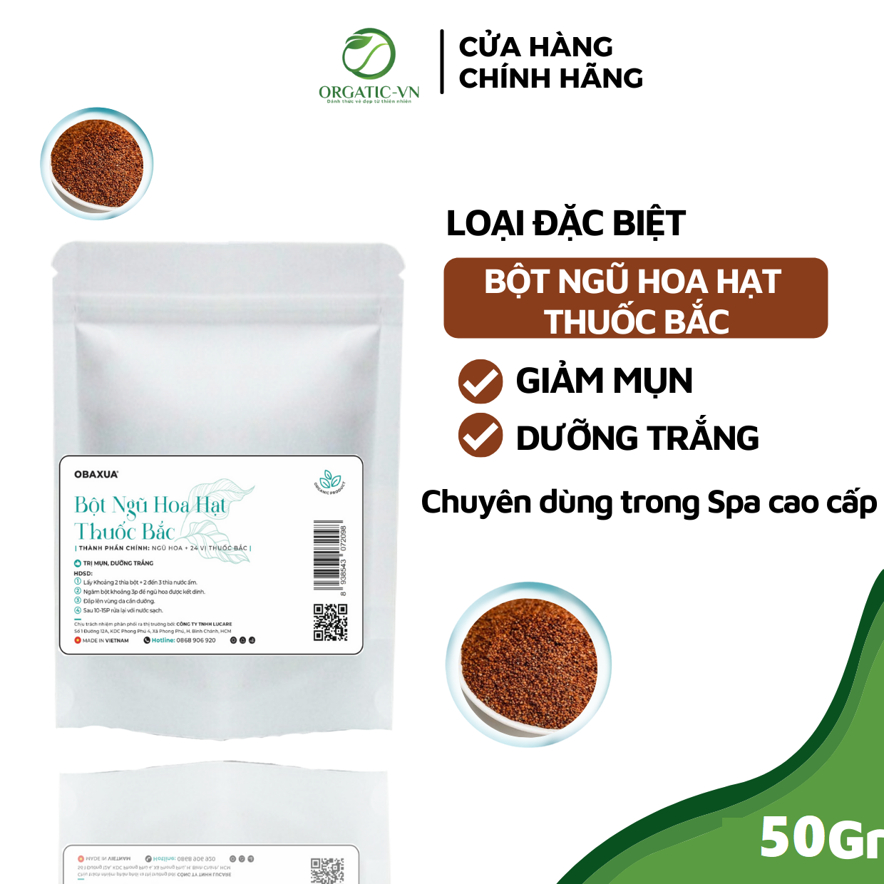 Mặt nạ bột Ngũ Hoa hạt Thuốc Bắc OBAXUA nguyên chất giúp giảm mụn, dưỡng trắng da 50Gr