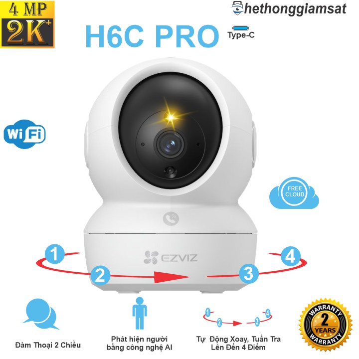 Camera Wifi EZVIZ H6C PRO 4MP 2K+, 2MP FullHD, Tự Động Xoay 360 Độ,  Đàm Thoại, Màu Bang Đêm, Chạm Để Gọi, Bảo Hành 24 Tháng, Chính Hãng