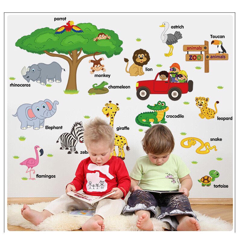 Decal giấy dán tường vườn thú kèm tiếng anh trang trí phòng bé