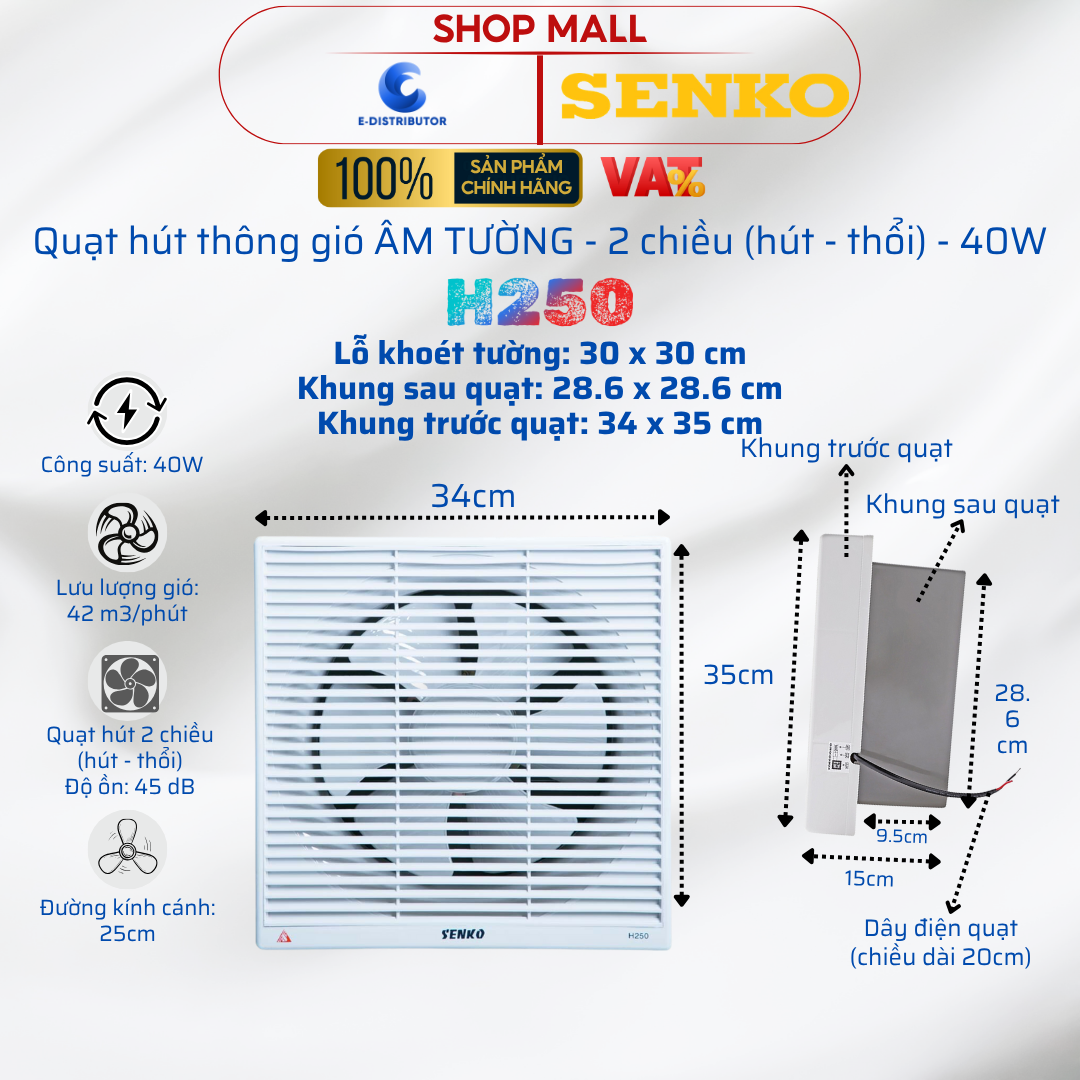 Quạt Hút Tường Thông Gió Senko H250, H200, H150, H100 – Giải Pháp Không Gian Trong Lành! - Bảo Hành 24 Tháng Chính Hãng