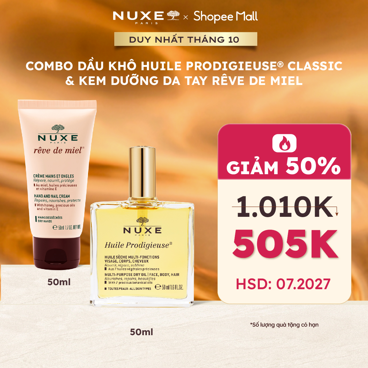 [DATE T7.2027] Combo Dầu khô đa năng Nuxe Huile Prodigieuse 50ml  Kem dưỡng da tay và móng Nuxe Reve De Miel 50ml