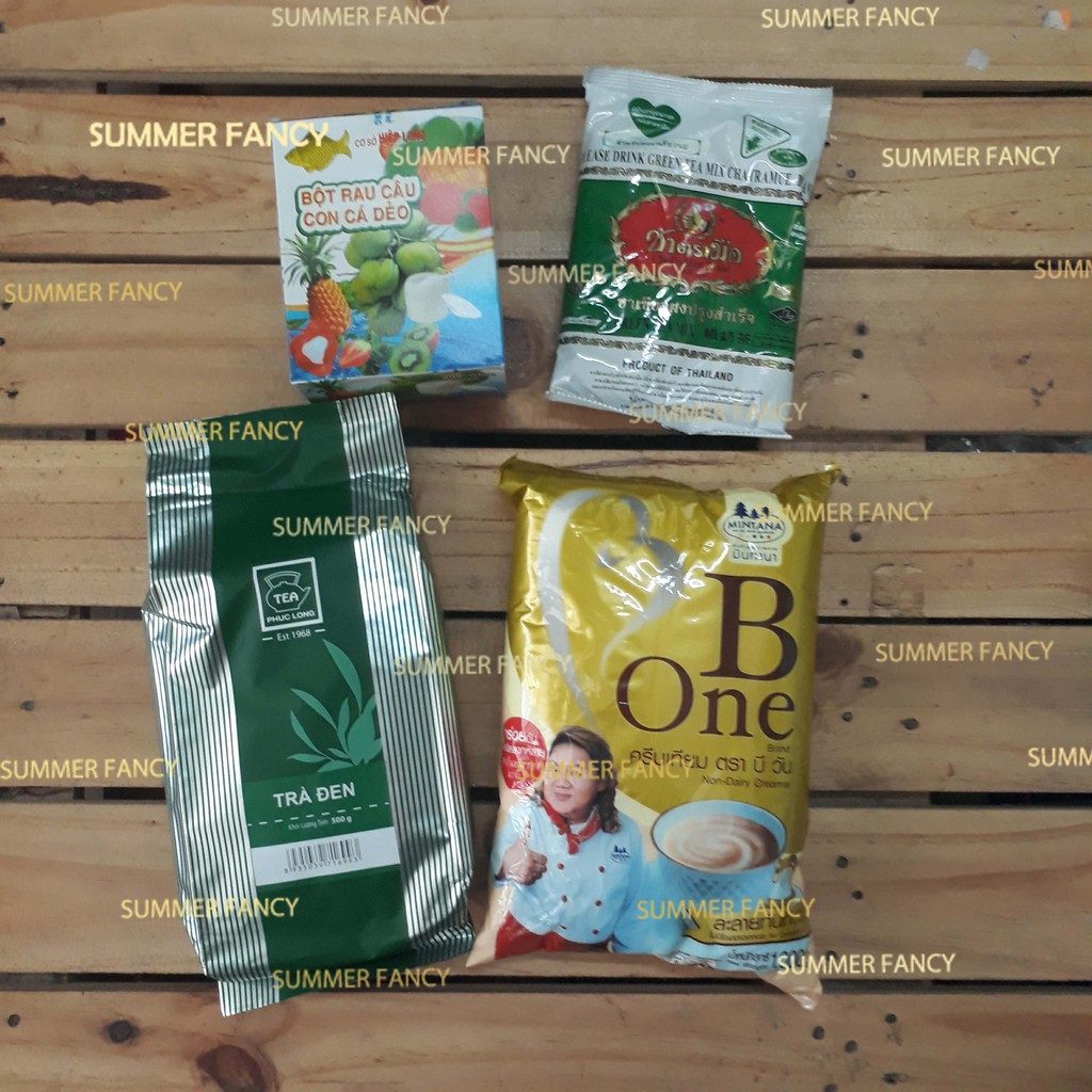 Set Trà Sữa: Bột Kem Béo B-One, Trà Thái Xanh, Trà Đen Phúc Long, Bột Rau Câu Con Cá Dẻo