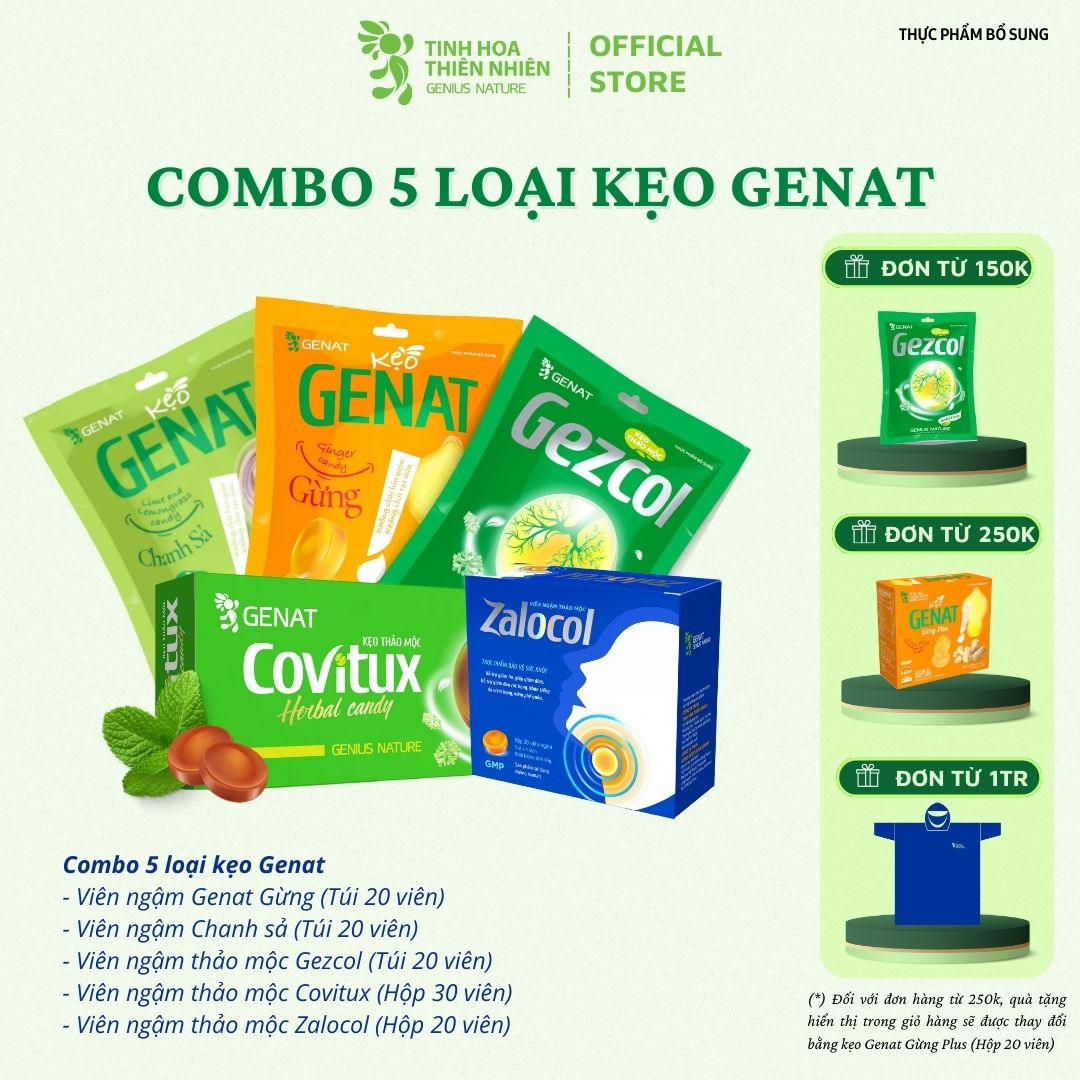Combo 5 loại kẹo thảo mộc - kẹo ngậm Chanh Sả - Kẹo Genat Gừng - Kẹo thảo mộc Gezcol - Kẹo thảo mộc Covitux - Viên ngậm thảo mộc Zalocol - Genat - Tinh Hoa Thiên Nhiên