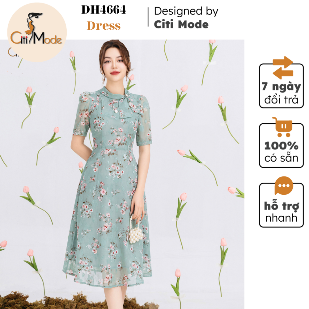 Đầm công sở citi mode fashion thiết kế dáng xoè hoa xanh cổ đính nơ dh4664