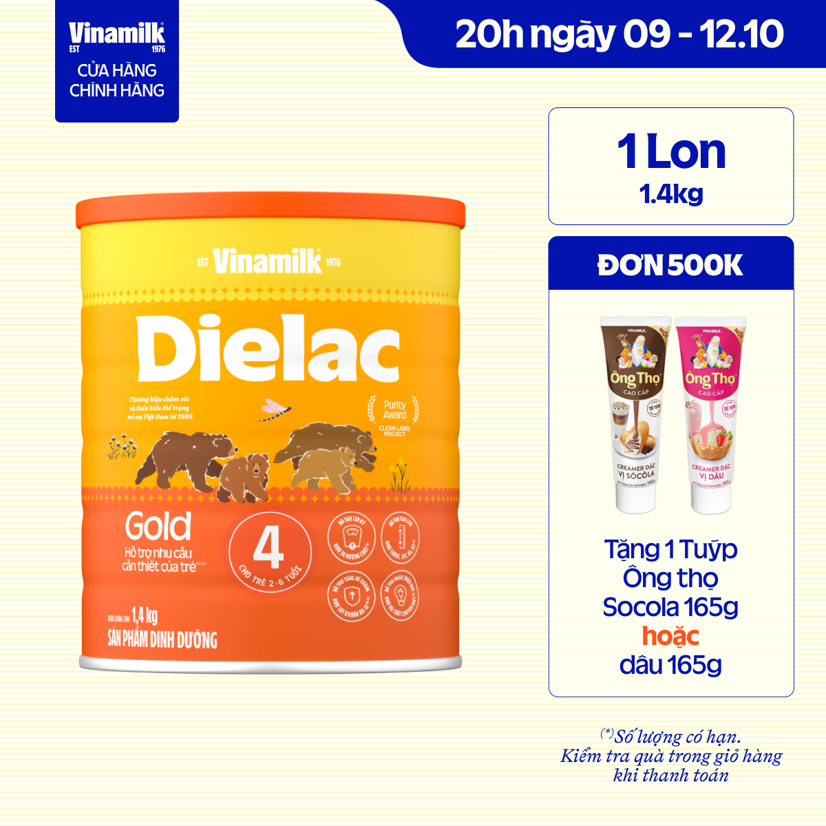 Sữa Bột Vinamilk Dielac Gold 4 hộp 1400g (Cho Trẻ Từ 2- 6 tuổi) - Sữa công thức hỗ trợ phát triển trí não của trẻ, tăng cân, chiều cao