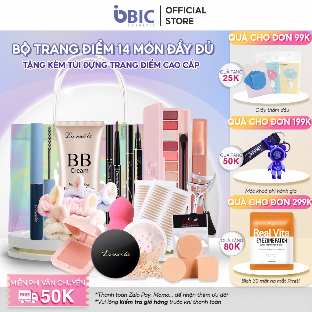 HOÀN TIỀN 15% - Bộ trang điểm đầy đủ 14 món tiện lợi kèm ẢNH THẬT bộ make up đầy đủ gồm Kem BB che khuyết điểm Phấn phủ kiềm dầu Phấn bảng mắt Mascara Chì kẻ mày Bút dạ kẻ mắt Phấn má hồng Mút trang điểm Son lì bền màu
