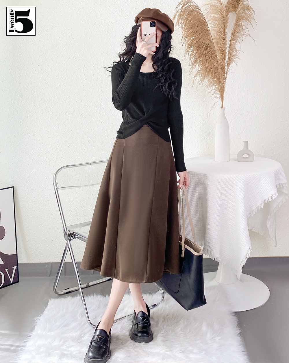 Chân váy midi dáng dài, ly to, cạp chun kèm đai Twenty.Five 5187
