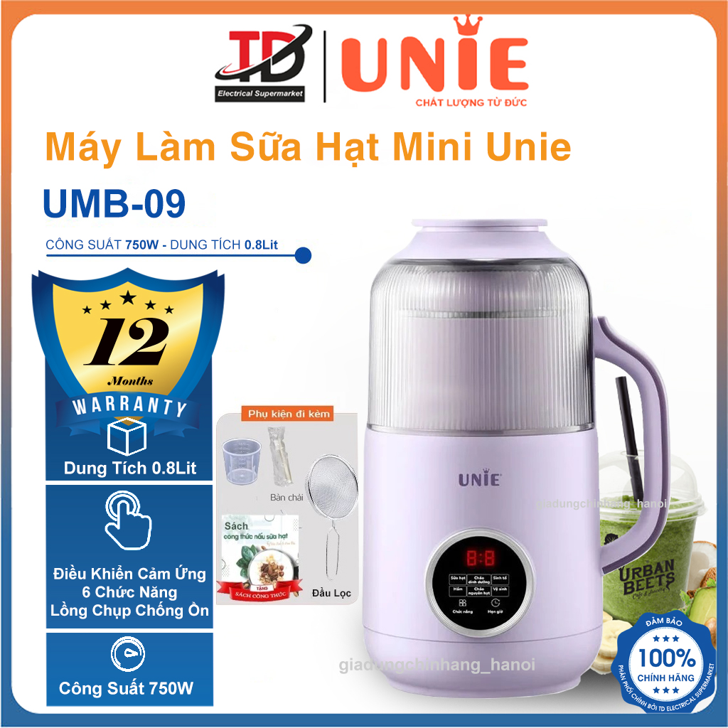  Máy Làm Sữa Hạt Unie UMB09 Nắp chụp chống ồn Lưỡi dao 8 cánh,Dung tích 800ml,công suất 600W Hàng Chính Hãng 