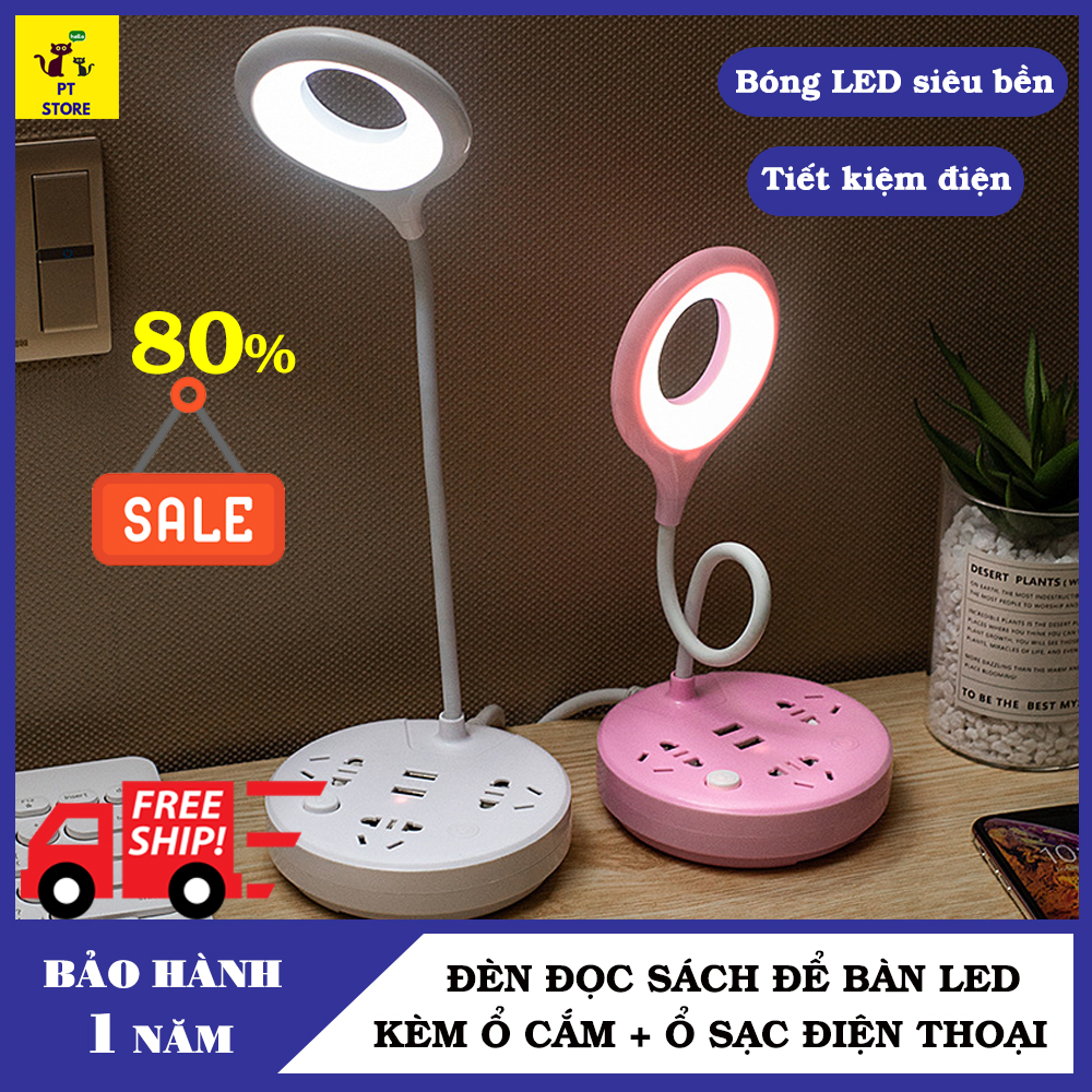 Đèn LED Để Bàn, Đèn Học, Đèn Đọc Sách, Đèn Ngủ, Đèn Làm Việc Có Thêm 2 Cổng Sạc Nhanh Điện Thoại Chân USB, 3 Ổ Cắm Điện Thân Đèn Xoay 360 Độ PT Store