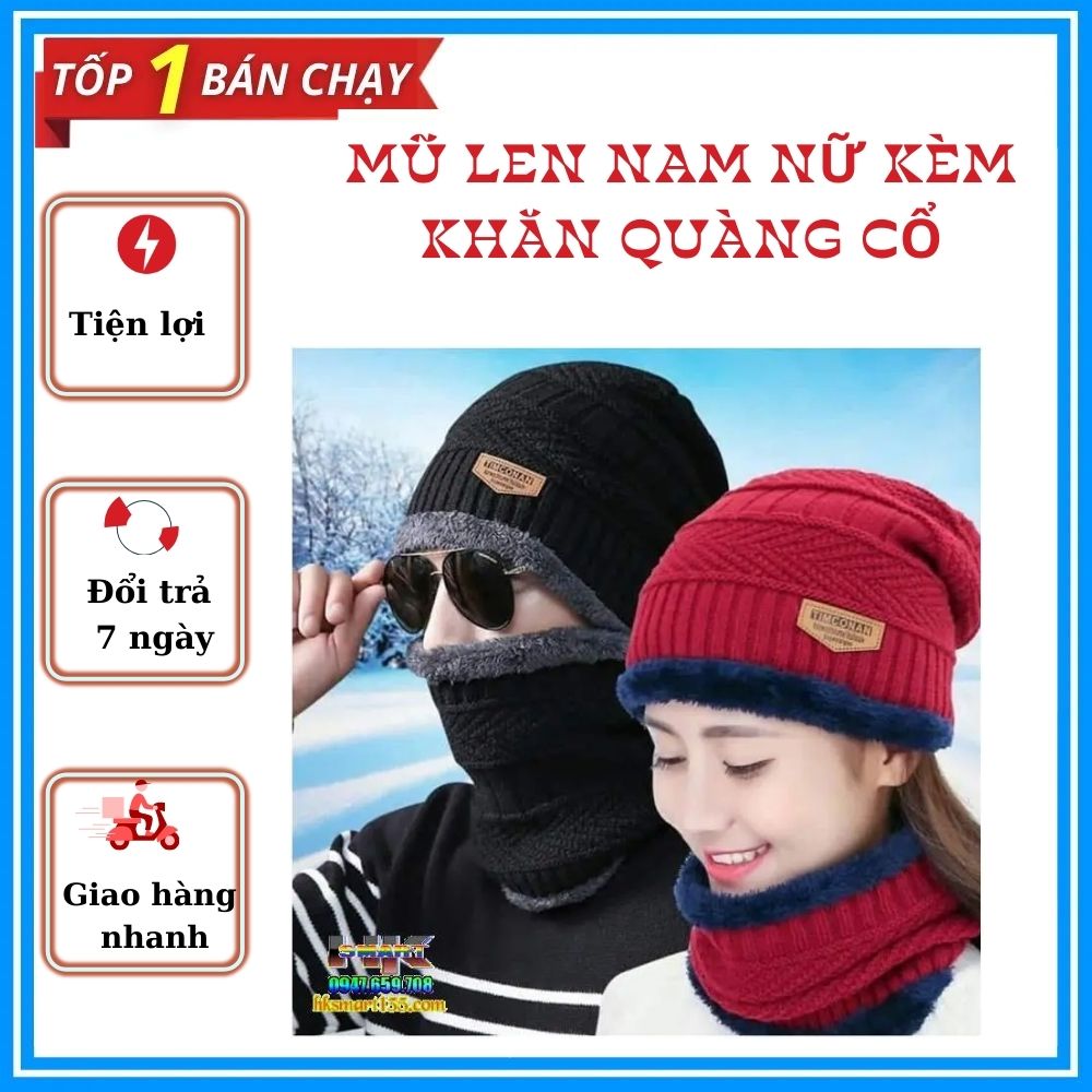Mũ len nam nữ kèm khăn quàng cổ lót lông bộ khăn mũ len người lớn