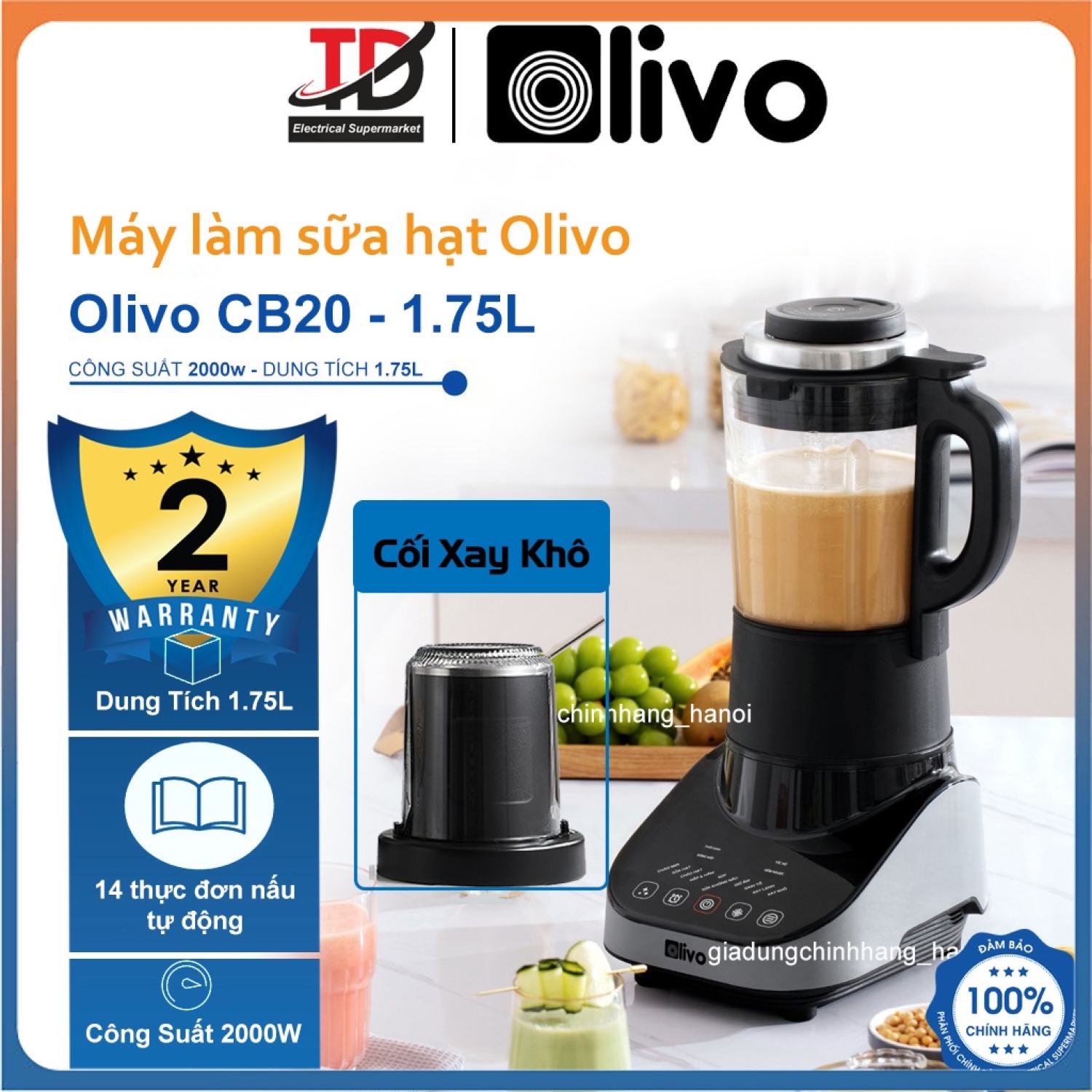  Máy Làm Sữa Hạt Đa Năng OLIVO CB20 1.75Lit - 2000W Kèm Cối Xay Khô Bảo Hành Chính Hãng 2 Năm 