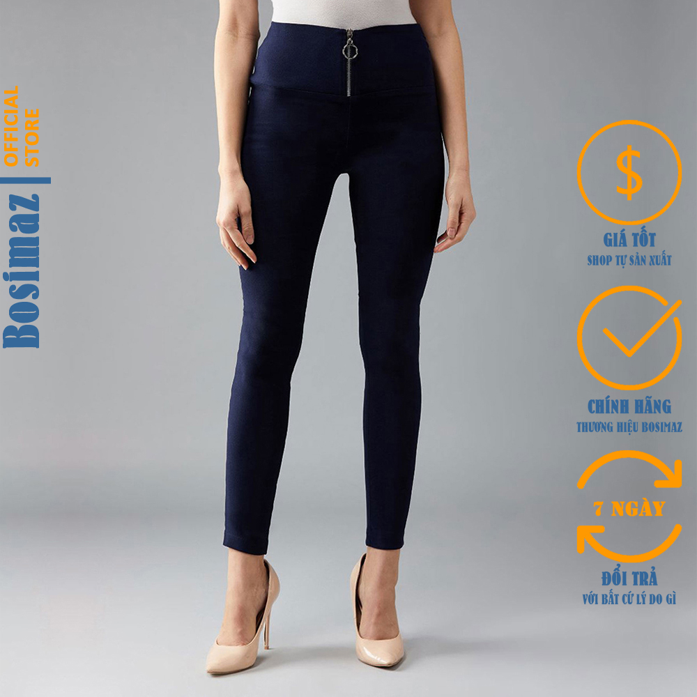 Quần Legging Nữ Bosimaz MS254 dài túi sau màu xanh navy có khóa kéo phía trước thun co giãn 4 chiều vải đẹp dày thoáng mát không xù lông.