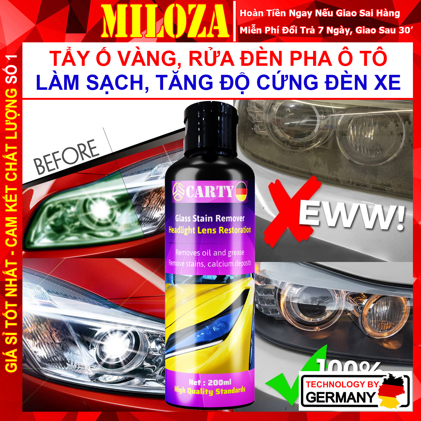 Đánh Bóng Đèn Pha Ô tô - Tẩy Ố Đèn Pha - Dung Dịch Rửa Đèn Pha Xe Hơi - Làm Sạch Đèn Pha Ô tô - CARTY Lens Restoration - Tặng PK - MILOZA