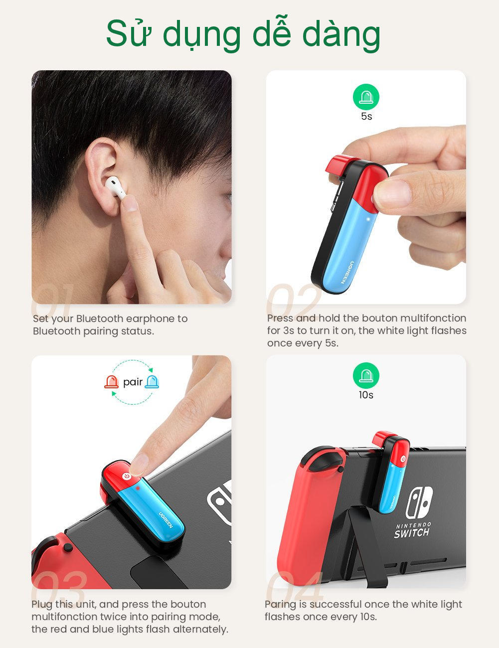 Bộ phát Bluetooth cho máy chơi game Nintendo Switch hỗ trợ APTX Low Latency UGREEN 80188 Bộ phát Bluetooth cho máy chơi game Nintendo Switch hỗ trợ APTX Low Latency UGREEN 80188