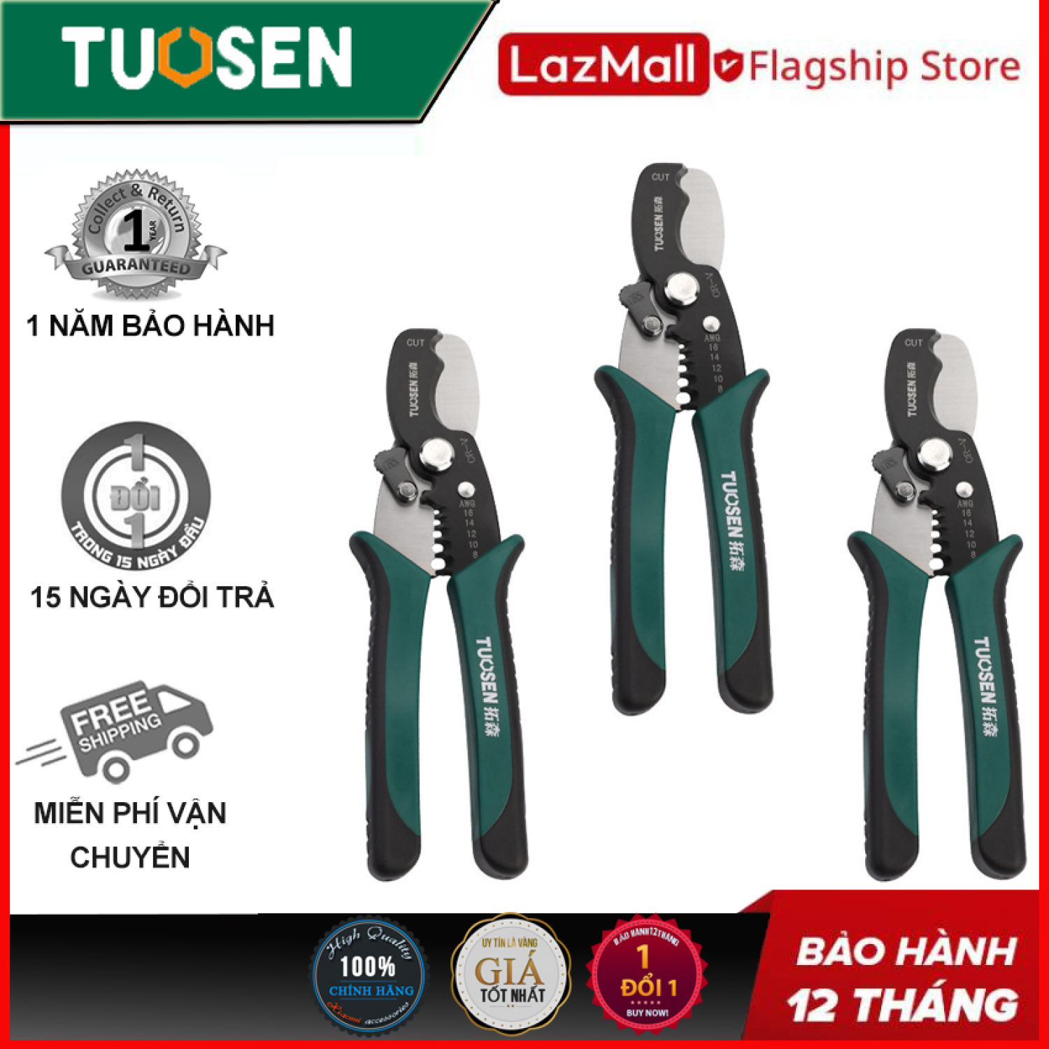 Kềm tuốt dây điện, kìm tước tước dây điện 8inch, kềm bấm cos đa năng 11444 tuosen / tuo sen