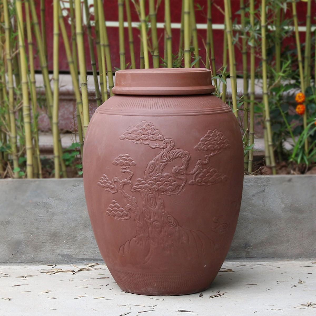 Chum sành ngâm rượu đắp nổi Tùng Hạc 30Lit  Bát Tràng - bình rượu, bình ngâm rượu, chum ngâm rượu cao cấp