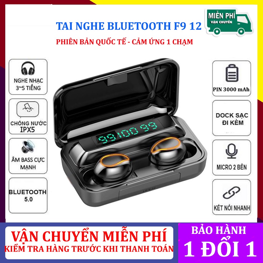 TAI NGHE BLUETOOTH F9 12 MẮT SÓI CAO CẤP, TAI NGHE BLUETOOTH 5.0, TAI NGHE CÓ ĐÈN LED HIỂN THỊ CAO CẤP,TAI NGHE BLUETOOTH NGHE NHẠC PIN TRÂU, TAI NGHE KÈM SẠC DỰ PHÒNG