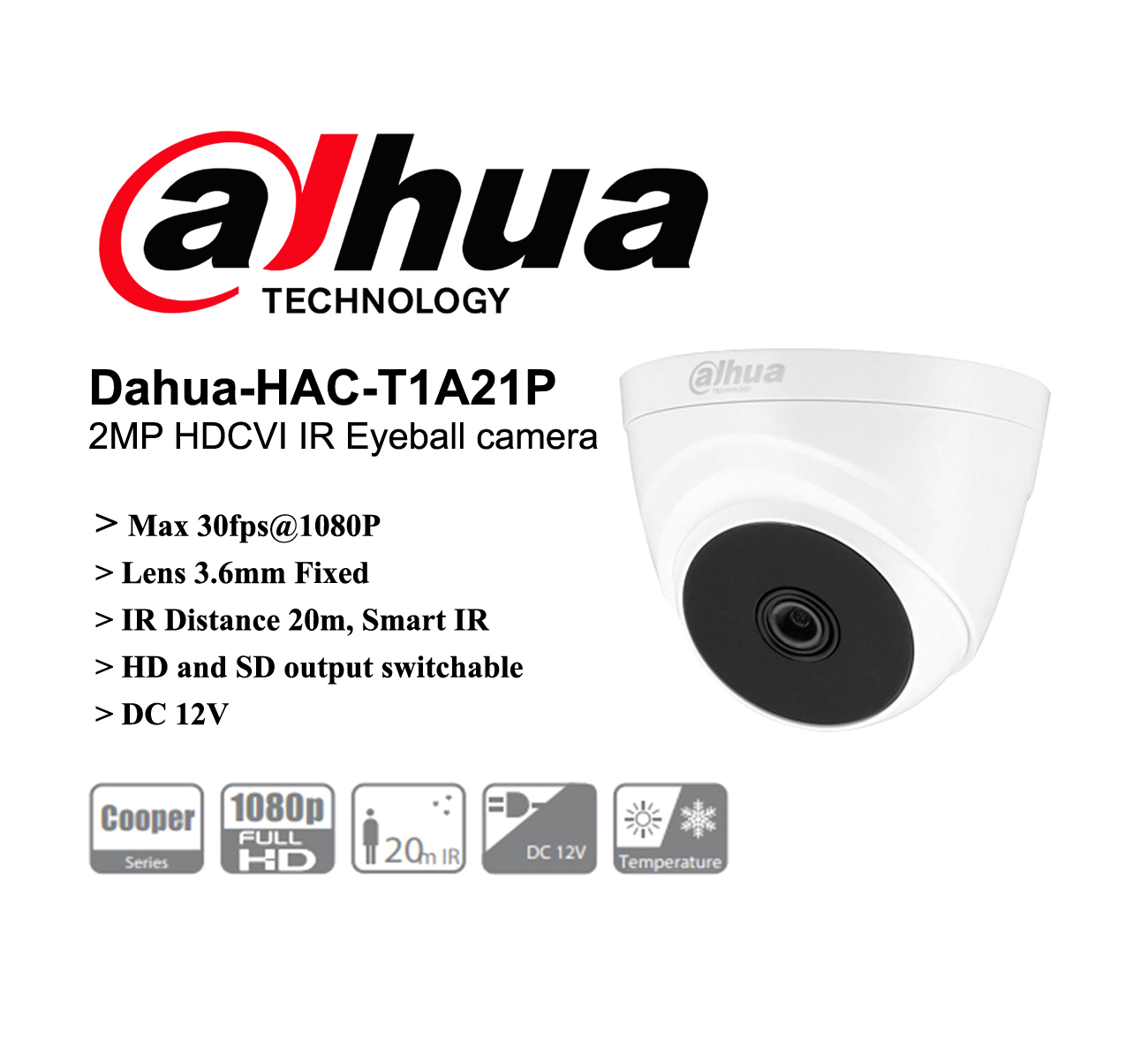 Camera DAHUA 2.0 Nhựa DH-HAC- T1A21P - 2.0 (DOME Nhựa 2.0), Camera Giám Sát Bán Cầu Nhựa