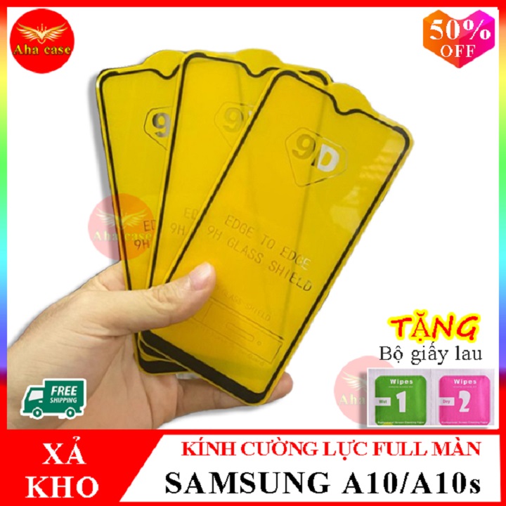 Kính cường lực SAMSUNG A10, Kính cường lực A10 FULL màn hình, Tặng kèm giấy lau ướt và giấy lau khô, Aha Case