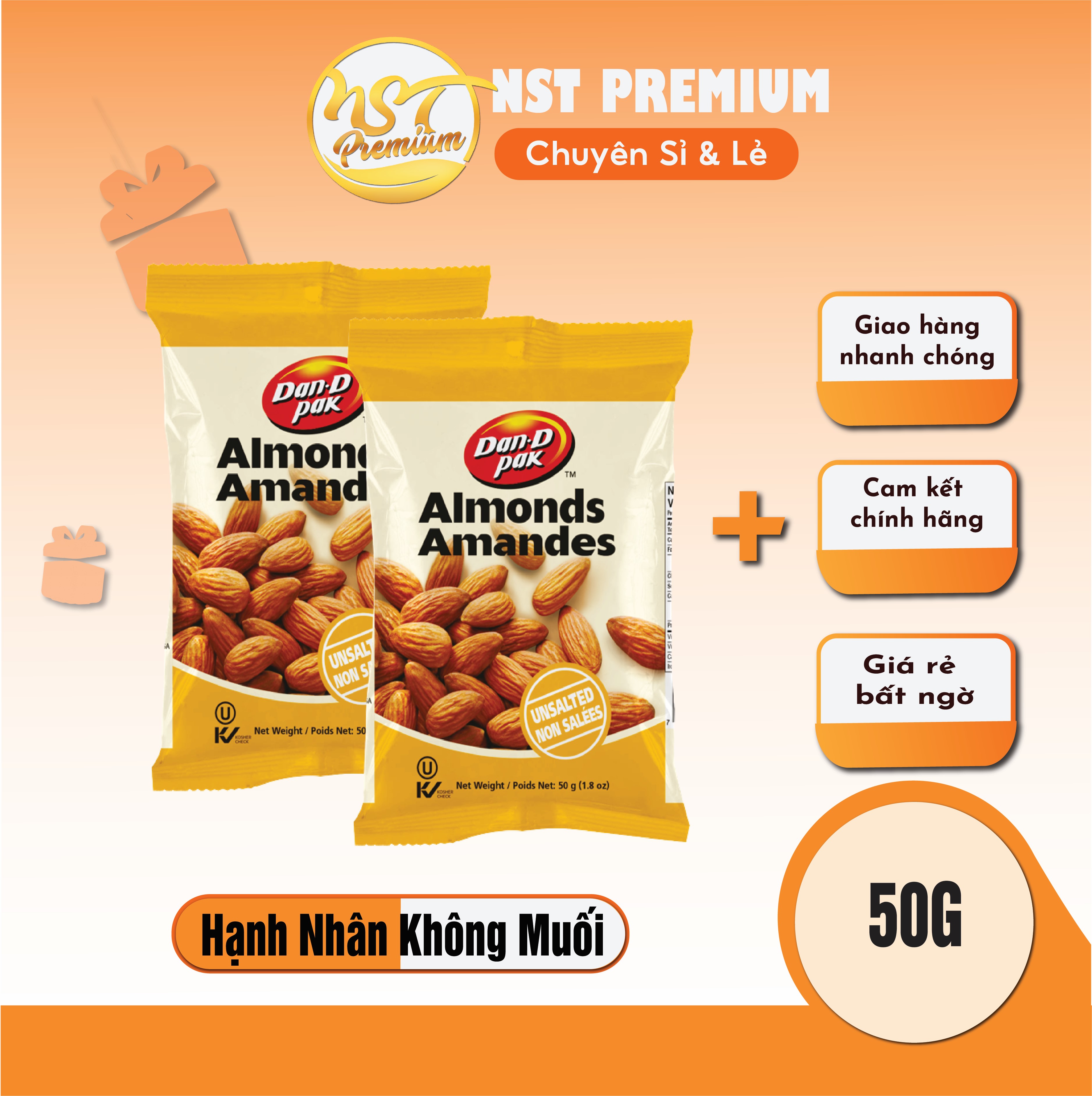 Hạnh nhân không muối 50gr usa dan d pak