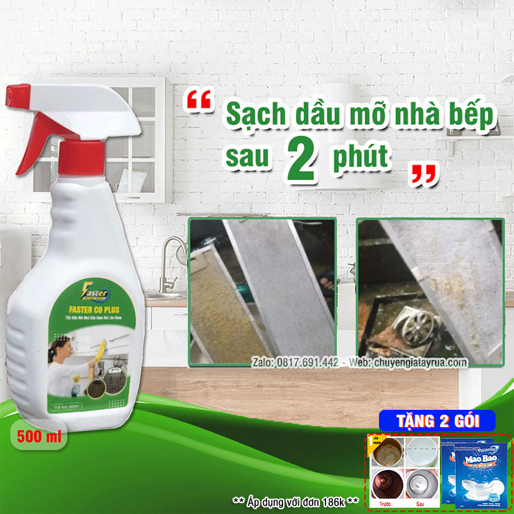 (SIÊU MẠNH) Tẩy Rửa Dầu Mỡ Nhà Bếp, Vệ Sinh Máy Hút Mùi, Lau Bếp Gas, Tường Bếp Lâu Ngày Faster CO Chai Lớn 500ml