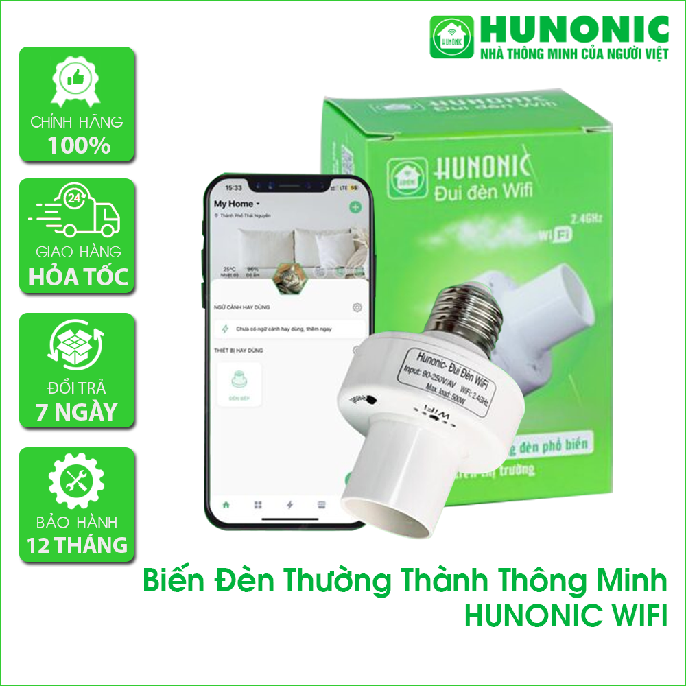 Đui Đèn Wifi Hunonic, Hẹn Giờ Tự Động, Điều Khiển Từ Xa Qua Điện Thoại