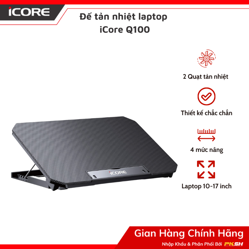 Quạt tản nhiệt laptop iCore Q100 - Thiết kế chắc chắn, 2 quạt tản nhiệt, 4 mức điều chỉnh độ cao - Hàng Chính Hãng